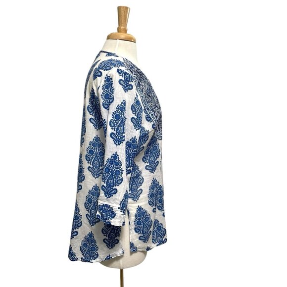 Anokhi Block Printed Indigo 3/4 Sleeve Blouse Top Blue White size Large - Picture 3 of 8